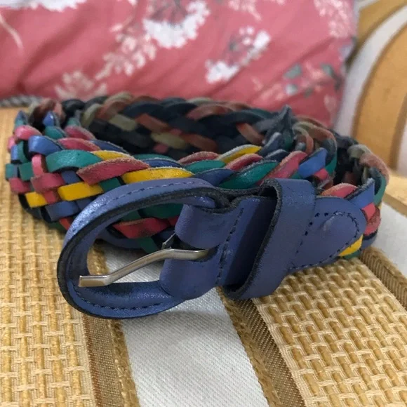 Vintage Leather Multicolor Navy Blue Yellow Green Burgundy Woven Belt Size M/L - Picture 3 of 7